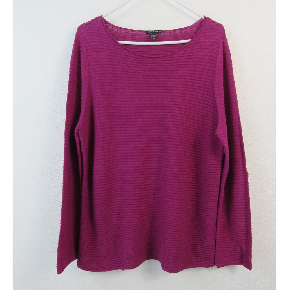 Eileen Fisher Medium Ottoman-Rib Sweater Ribbed Organic Linen Cotton Knit Pink